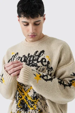 Oversized Boxy Brushed Graphic Knitted Jumper | BoohooMAN UK