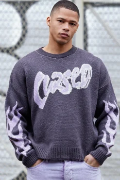 Oversized Boxy Brushed Graphic Knitted Jumper | BoohooMAN UK