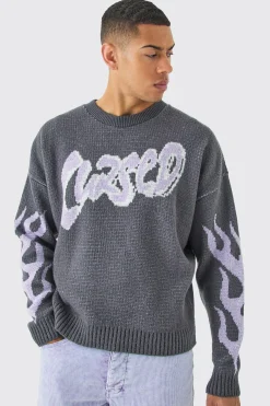 Oversized Boxy Brushed Graphic Knitted Jumper | BoohooMAN UK