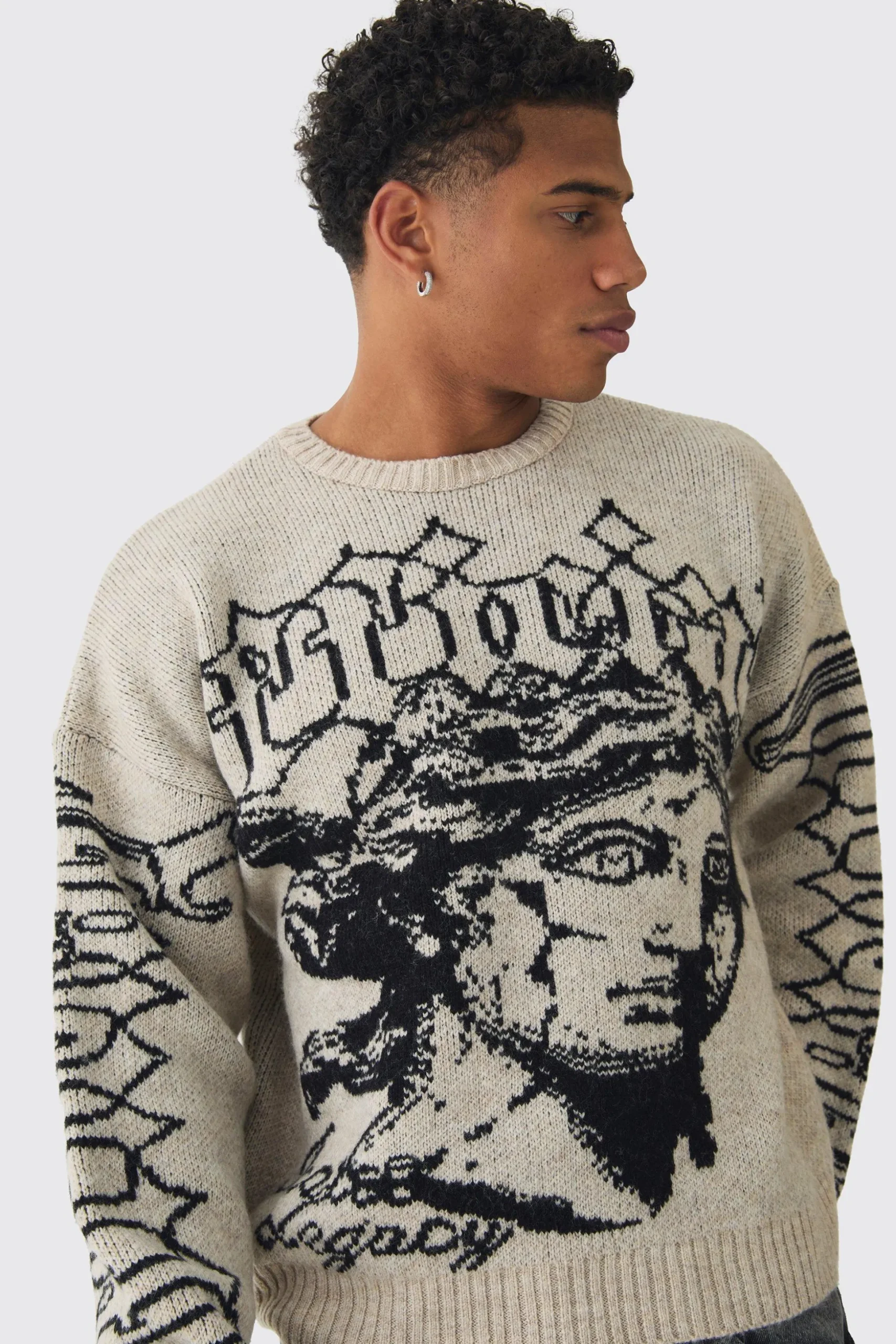 Oversized Boxy Brushed Mono Renneissance Knitted Jumper | BoohooMAN UK
