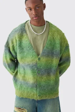 Oversized Boxy Brushed Stripe Knitted Cardigan | BoohooMAN UK