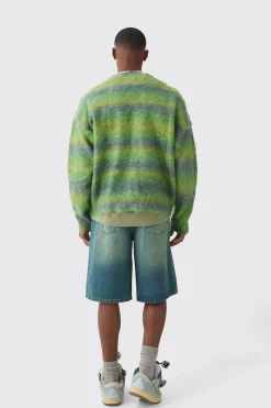 Oversized Boxy Brushed Stripe Knitted Cardigan | BoohooMAN UK