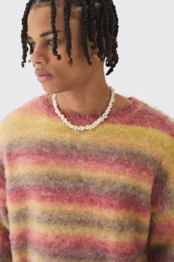 Oversized Boxy Brushed Stripe Knitted Jumper | BoohooMAN UK