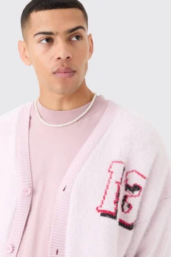 Oversized Boxy Brushed Varsity Knit Cardigan | BoohooMAN UK