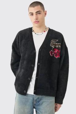 Oversized Boxy Brushed Varsity Knit Cardigan | BoohooMAN UK