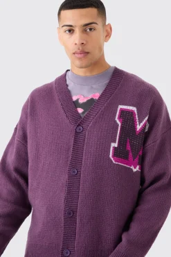 Oversized Boxy Brushed Varsity Knit Cardigan | BoohooMAN UK