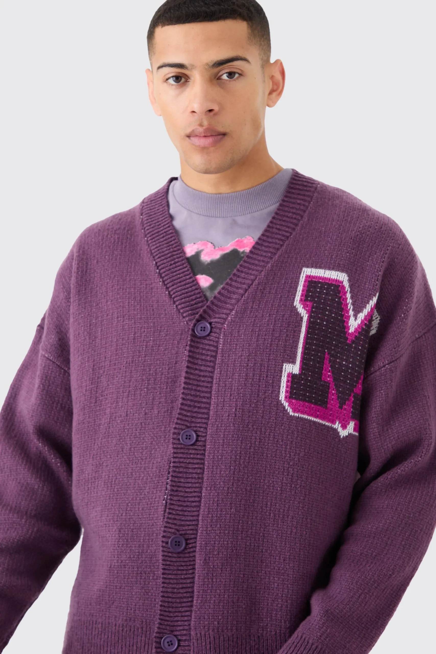 Oversized Boxy Brushed Varsity Knit Cardigan | BoohooMAN UK