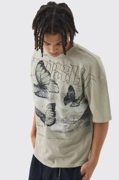 Oversized Boxy Butterfly Print Washed Raw Edge T-shirt | BoohooMAN UK