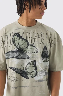 Oversized Boxy Butterfly Print Washed Raw Edge T-shirt | BoohooMAN UK