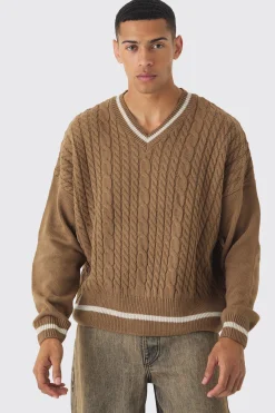 Oversized Boxy Cable Knit V Neck Jumper | BoohooMAN UK