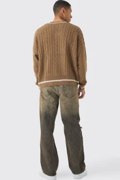 Oversized Boxy Cable Knit V Neck Jumper | BoohooMAN UK