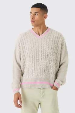 Oversized Boxy Cable Knit V Neck Jumper | BoohooMAN UK