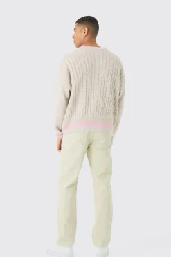 Oversized Boxy Cable Knit V Neck Jumper | BoohooMAN UK