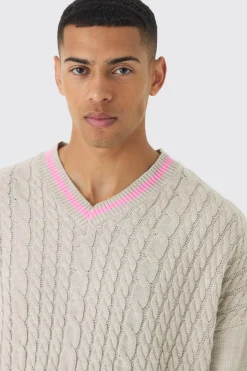 Oversized Boxy Cable Knit V Neck Jumper | BoohooMAN UK