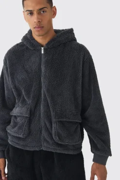 Oversized Boxy Cargo Pocket Zip Through Teddy Borg Hoodie | BoohooMAN UK