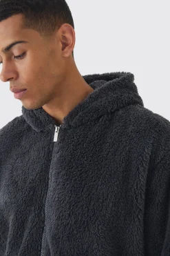 Oversized Boxy Cargo Pocket Zip Through Teddy Borg Hoodie | BoohooMAN UK