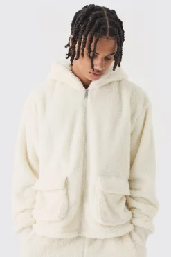 Oversized Boxy Cargo Pocket Zip Through Teddy Borg Hoodie | BoohooMAN UK