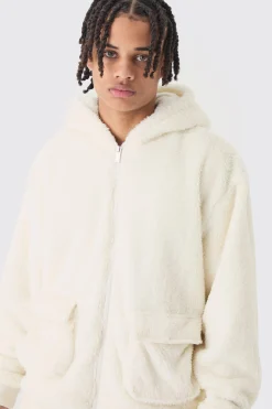 Oversized Boxy Cargo Pocket Zip Through Teddy Borg Hoodie | BoohooMAN UK