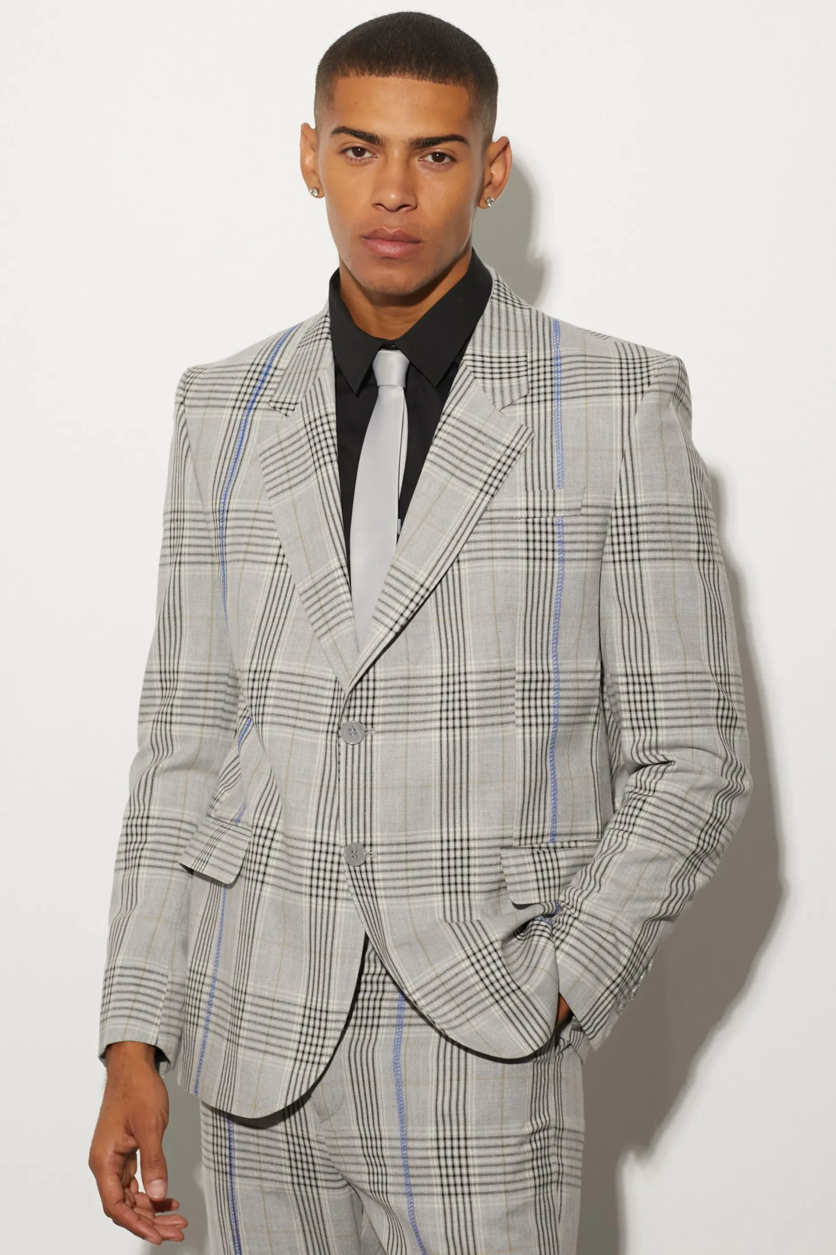 Oversized Boxy Check Contrast Stitch Suit | BoohooMAN UK