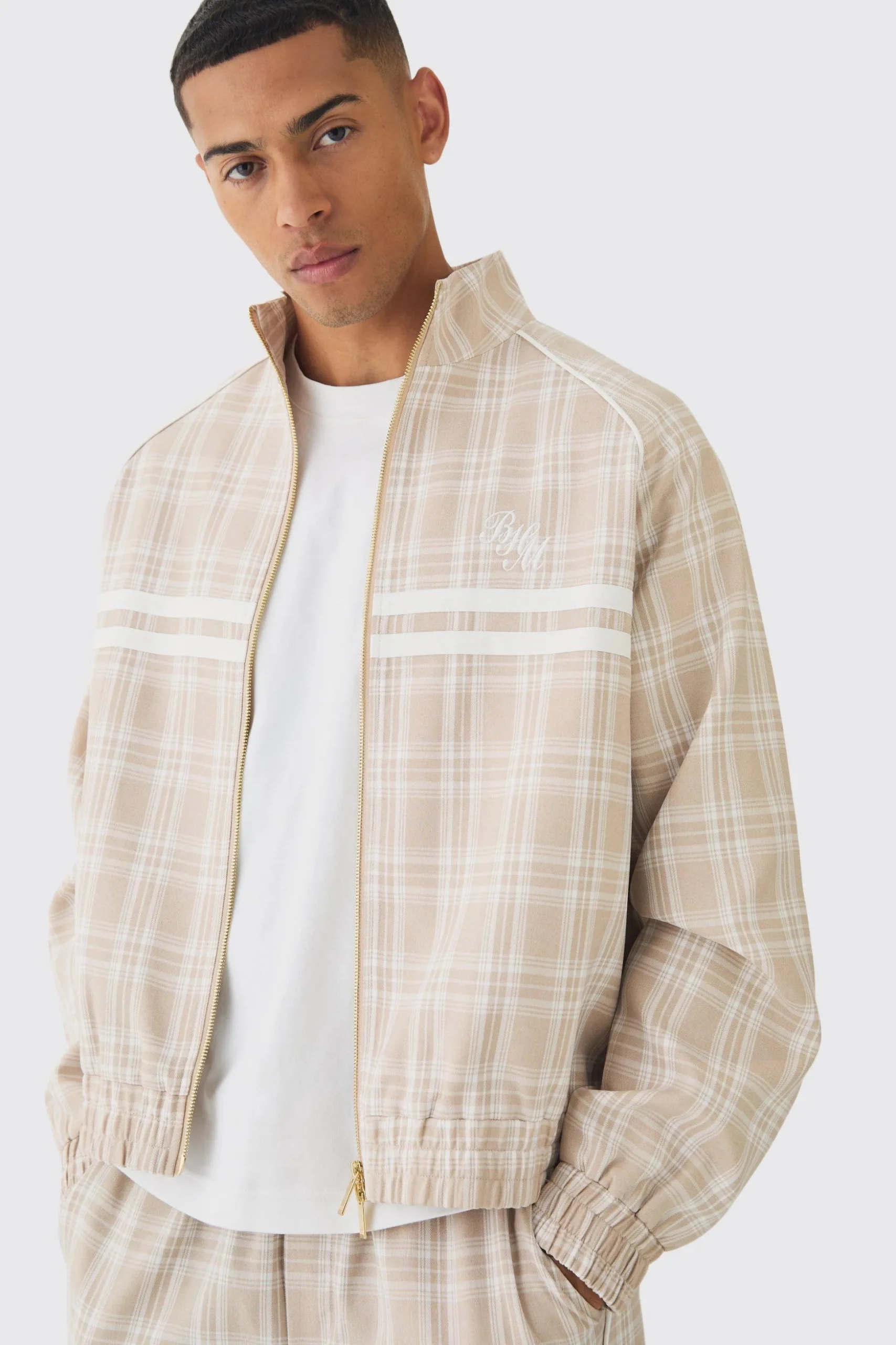 Oversized Boxy Checked Funnel Neck Tracktop | BoohooMAN UK