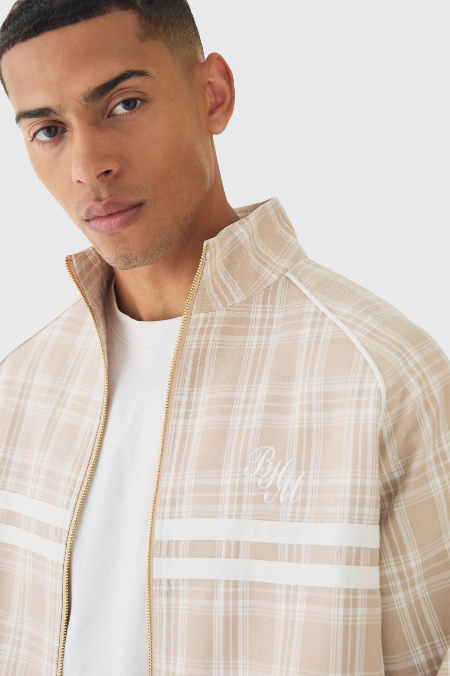 Oversized Boxy Checked Funnel Neck Tracktop | BoohooMAN UK