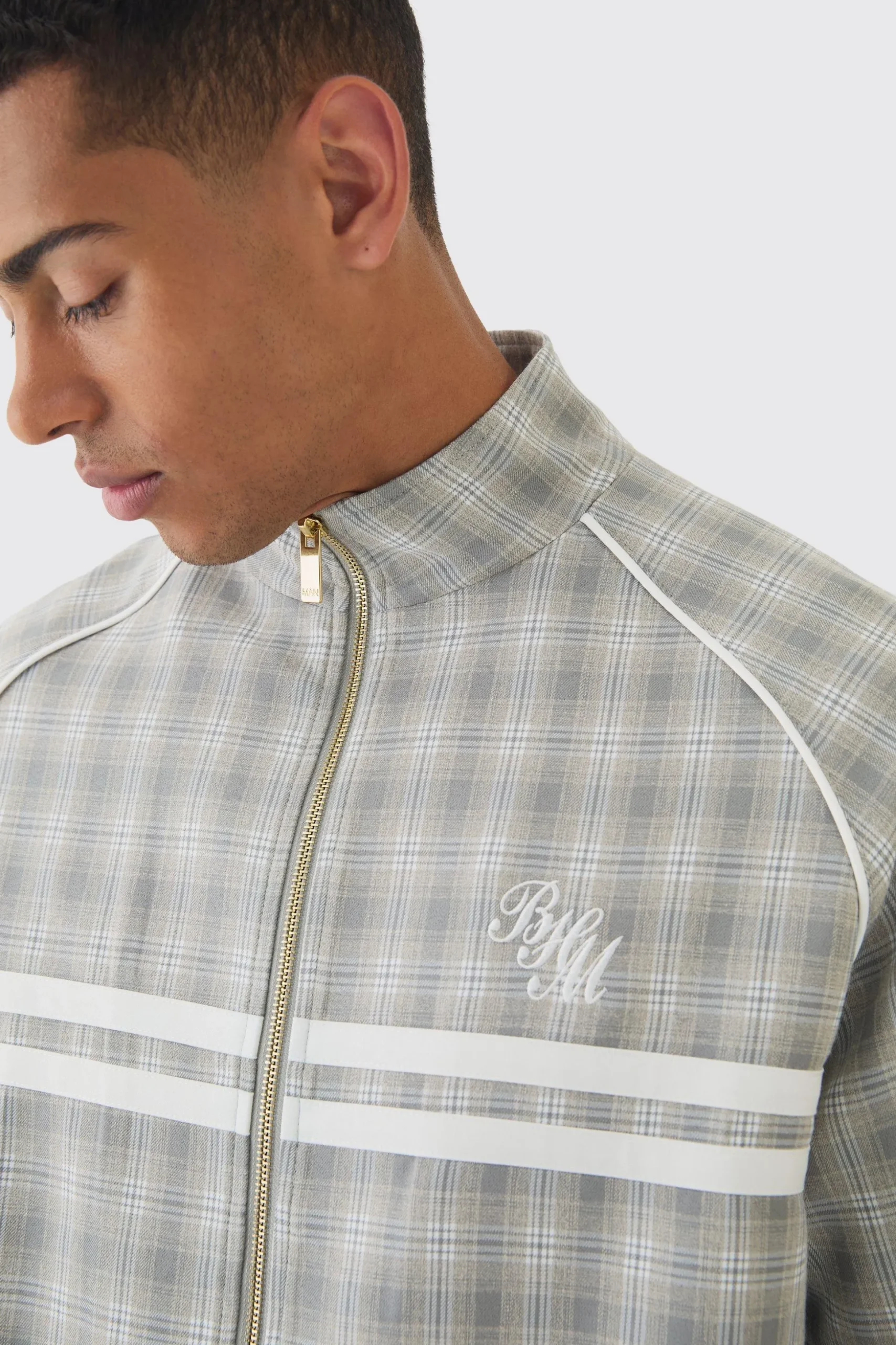 Oversized Boxy Checked Funnel Neck Tracktop | BoohooMAN UK