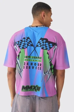 Oversized Boxy Closed Mesh Graffiti Moto Jacquard Neck T-shirt | BoohooMAN UK