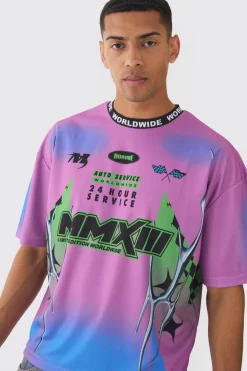 Oversized Boxy Closed Mesh Graffiti Moto Jacquard Neck T-shirt | BoohooMAN UK