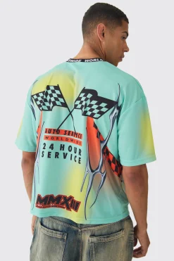 Oversized Boxy Closed Mesh Graffiti Moto Jacquard Neck T-shirt | BoohooMAN UK