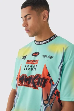 Oversized Boxy Closed Mesh Graffiti Moto Jacquard Neck T-shirt | BoohooMAN UK
