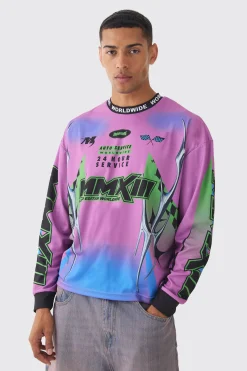 Oversized Boxy Closed Mesh Graffiti Moto Jacquard Neck T-shirt | BoohooMAN UK