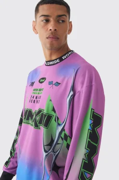Oversized Boxy Closed Mesh Graffiti Moto Jacquard Neck T-shirt | BoohooMAN UK