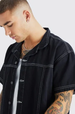 Oversized Boxy Contrast Stitch Denim Shirt | BoohooMAN UK