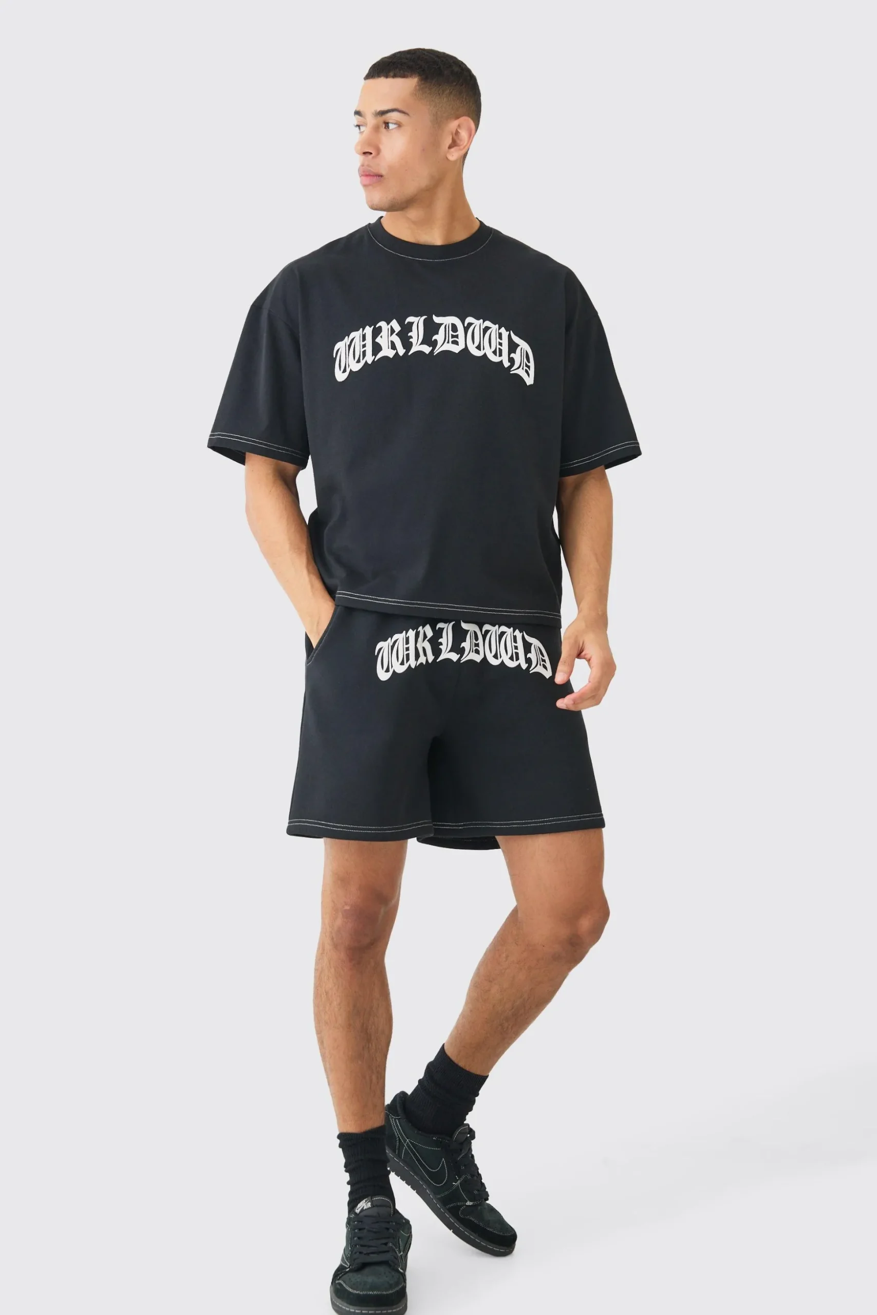 Oversized Boxy Contrast Stitch Puff Print T-shirt & Short Set | BoohooMAN UK