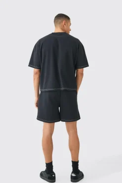 Oversized Boxy Contrast Stitch Puff Print T-shirt & Short Set | BoohooMAN UK