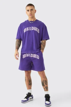 Oversized Boxy Contrast Stitch Puff Print T-shirt & Short Set | BoohooMAN UK