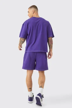 Oversized Boxy Contrast Stitch Puff Print T-shirt & Short Set | BoohooMAN UK
