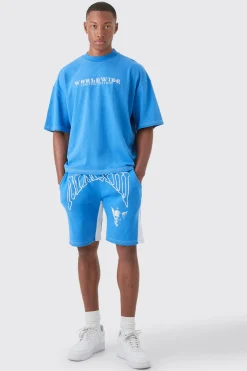 Oversized Boxy Contrast Stitch Embroidered T-shirt & Short Set | BoohooMAN UK
