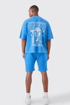 Oversized Boxy Contrast Stitch Embroidered T-shirt & Short Set | BoohooMAN UK