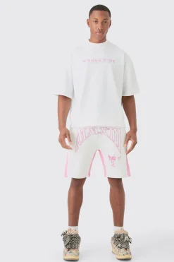 Oversized Boxy Contrast Stitch T-shirt & Short Set | BoohooMAN UK