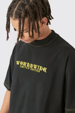 Oversized Boxy Contrast Stitch Printed Extended Neck T-shirt | BoohooMAN UK