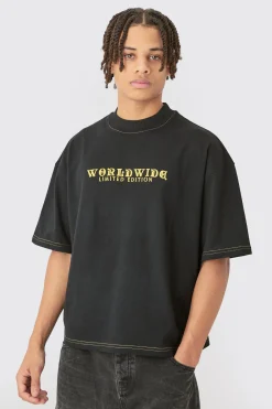 Oversized Boxy Contrast Stitch Printed Extended Neck T-shirt | BoohooMAN UK