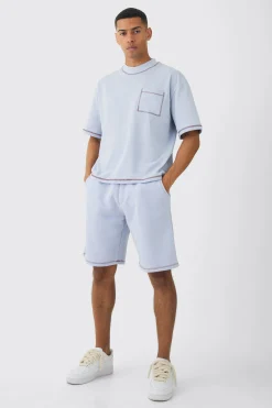 Oversized Boxy Contrast Stitch T-shirt & Shorts Set | BoohooMAN UK