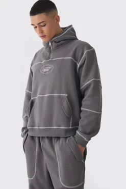 Oversized Boxy Contrast Stitch Embroidered Hoodie | BoohooMAN UK