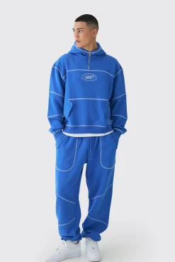 Oversized Boxy Contrast Stitch Embroidered Hooded Tracksuit | BoohooMAN UK