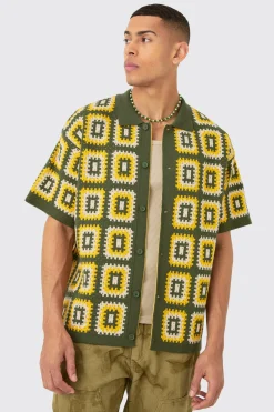 Oversized Boxy Crochet Knit Shirt In Khaki | BoohooMAN UK