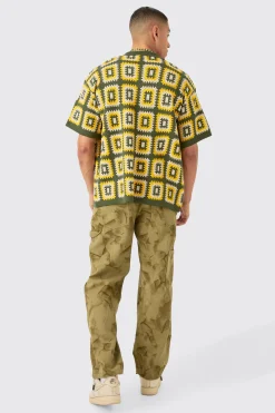 Oversized Boxy Crochet Knit Shirt In Khaki | BoohooMAN UK