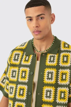 Oversized Boxy Crochet Knit Shirt In Khaki | BoohooMAN UK