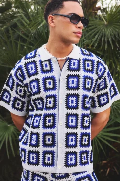 Oversized Boxy Crochet Knit Shirt In White | BoohooMAN UK
