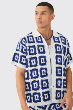 Oversized Boxy Crochet Knit Shirt In White | BoohooMAN UK